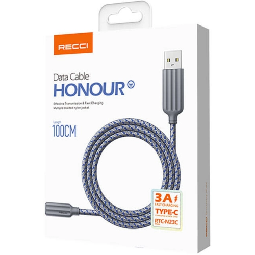 Recci RTC-N23C 3A Hızlı Şarj Özellikli Type-C to USB-A Kablo 1M - Mavi
