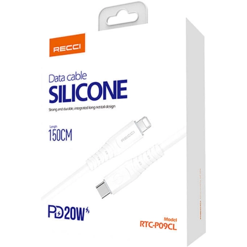 Recci RTC-P09CL Silicone Serisi 20W Hızlı Şarj Özellikli Type-C To Lightning PD Kablo 1.5M - Beyaz