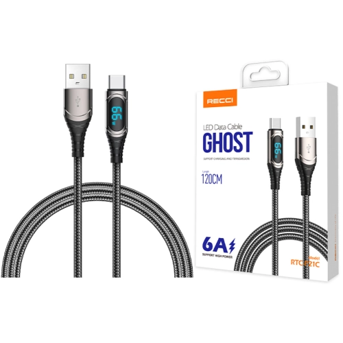 Recci RTC-P21C Ghost Serisi 66W 6A Hızlı Şarj Özellikli USB-A To Type-C Kablo 1.2M - Siyah