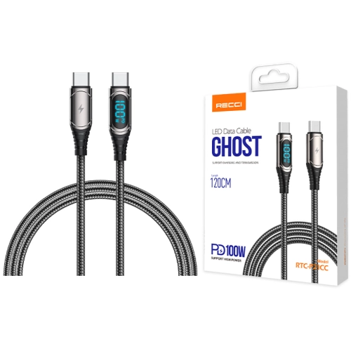 Recci RTC-P21CCPD Ghost Serisi 100W Hızlı Şarj Özellikli Type-C To Type-C PD Kablo 1.2M - Siyah