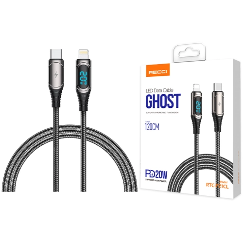 Recci RTC-P21CLPD Ghost Serisi 20W Hızlı Şarj Özellikli Type-C To Lightning PD Kablo 1.2M - Siyah
