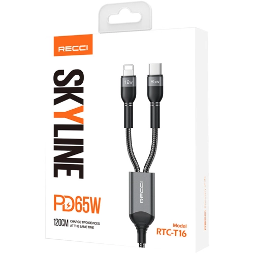 Recci RTC-T16 2 in 1 65W PD Hızlı Şarj Özellikli Lightning ve Type-C To Type-C PD Kablo 1.2M - Gri