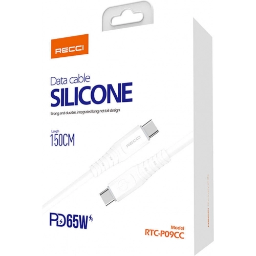 Recci RTC-P09CC Silicone Serisi 65W Hızlı Şarj Özellikli Type-C To Type-C PD Kablo 1.5M - Beyaz