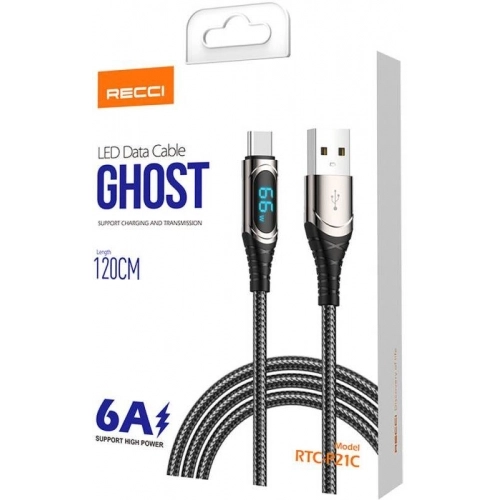 Recci RTC-P21C Ghost Serisi 66W 6A Hızlı Şarj Özellikli USB-A To Type-C Kablo 1.2M - Siyah