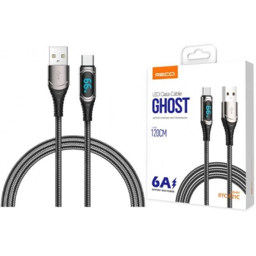 Recci RTC-P21C Ghost Serisi 66W 6A Hızlı Şarj Özellikli USB-A To Type-C Kablo 1.2M - Siyah