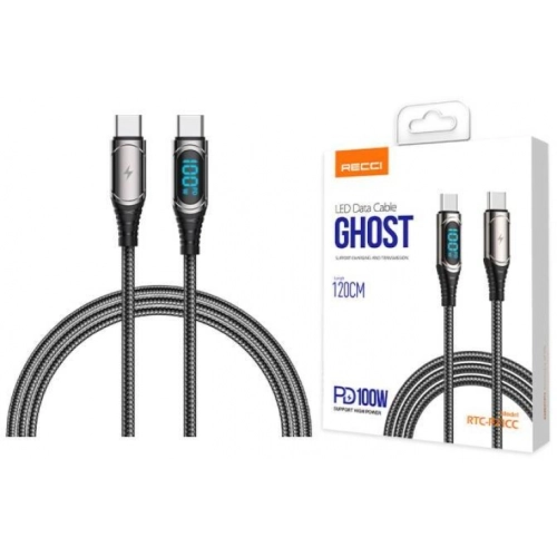 Recci RTC-P21CCPD Ghost Serisi 100W Hızlı Şarj Özellikli Type-C To Type-C PD Kablo 1.2M - Siyah