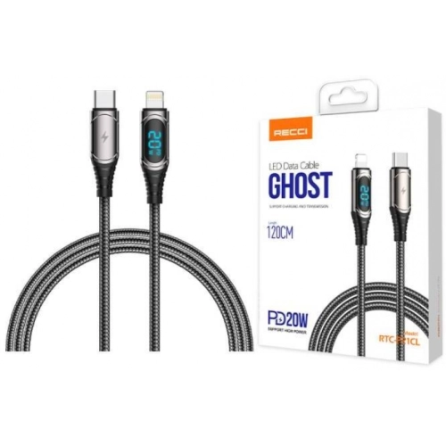 Recci RTC-P21CLPD Ghost Serisi 20W Hızlı Şarj Özellikli Type-C To Lightning PD Kablo 1.2M - Siyah