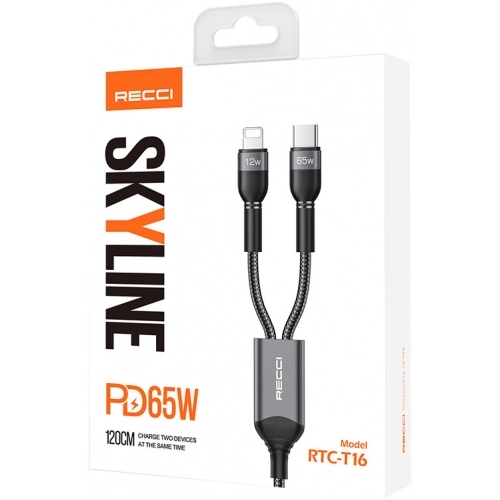 Recci RTC-T16 2 in 1 65W PD Hızlı Şarj Özellikli Lightning ve Type-C To Type-C PD Kablo 1.2M - Gri