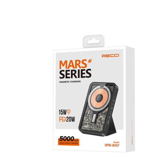 Recci W07 Şeffaf Tasarım Standlı 15W Magsafe Şarj Özellikli 20W PD Hızlı Şarj Powerbank 5000mAh - Siyah