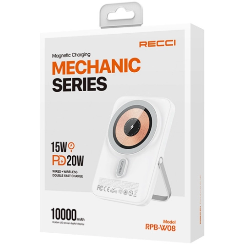 Recci W08 Metal Standlı 15W Magsafe Şarj Özellikli 20W PD Hızlı Şarj Powerbank 10000mAh - Siyah