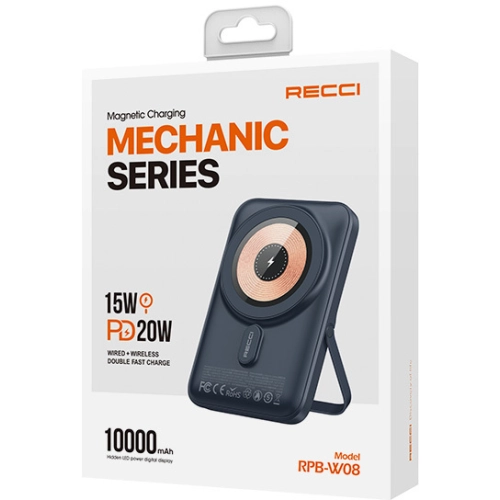 Recci W08 Metal Standlı 15W Magsafe Şarj Özellikli 20W PD Hızlı Şarj Powerbank 10000mAh - Siyah