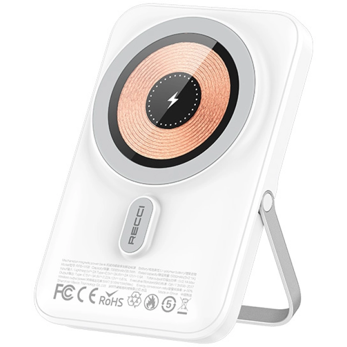 Recci W08 Metal Standlı 15W Magsafe Şarj Özellikli 20W PD Hızlı Şarj Powerbank 10000mAh - Beyaz