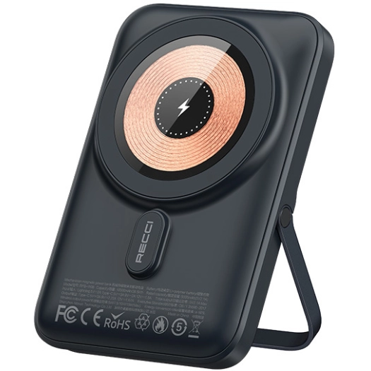 Recci W08 Metal Standlı 15W Magsafe Şarj Özellikli 20W PD Hızlı Şarj Powerbank 10000mAh - Siyah