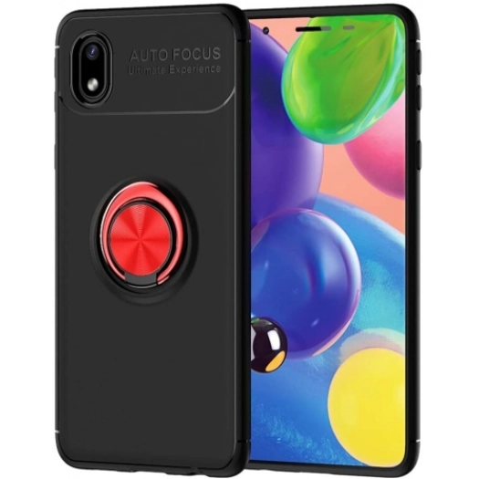 Samsung Galaxy A01 Core Kılıf Renkli Silikon Yüzüklü Standlı Auto Focus Ravel Kapak - Kırmızı - Siyah
