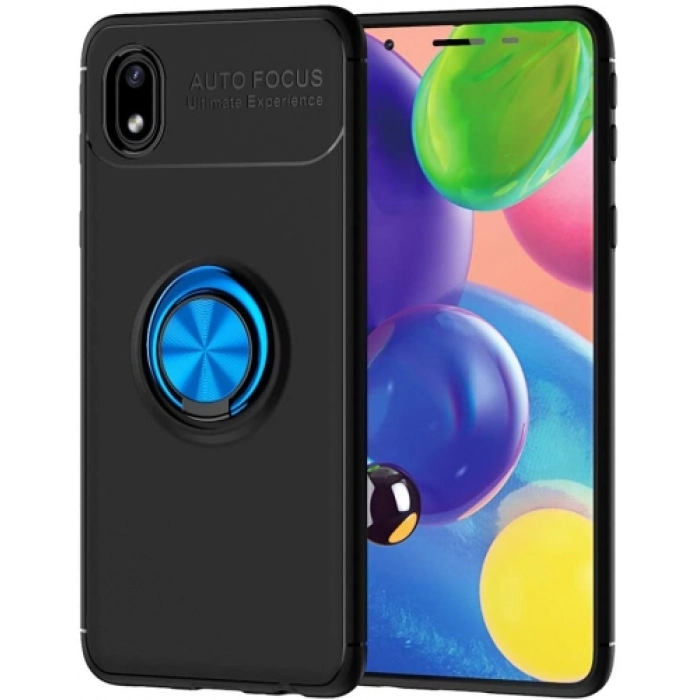 Samsung Galaxy A01 Core Kılıf Renkli Silikon Yüzüklü Standlı Auto Focus Ravel Kapak - Mavi - Siyah