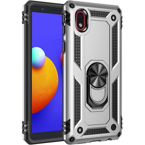 Samsung Galaxy A01 Core Kılıf Silikon Zırhlı Standlı Yüzüklü Mıknatıslı Tank Kapak - Gümüş