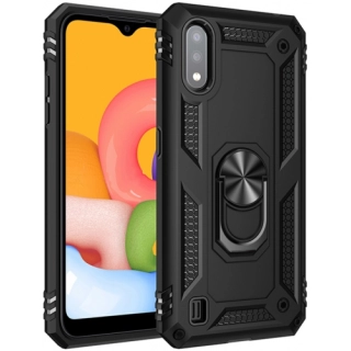 Samsung Galaxy A01 Kılıf Silikon Zırhlı Standlı Yüzüklü Mıknatıslı Tank Kapak - Siyah
