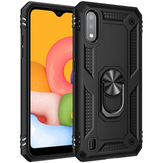 Samsung Galaxy A01 Kılıf Silikon Zırhlı Standlı Yüzüklü Mıknatıslı Tank Kapak - Siyah