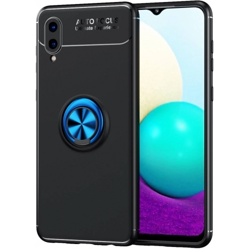 Samsung Galaxy A02 Kılıf Renkli Silikon Yüzüklü Standlı Auto Focus Ravel Kapak - Mavi - Siyah