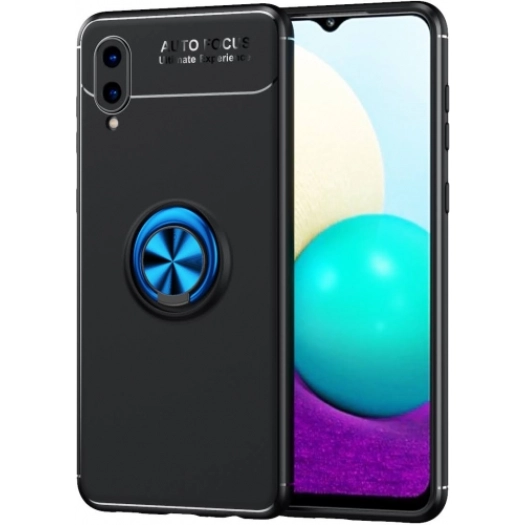 Samsung Galaxy A02 Kılıf Renkli Silikon Yüzüklü Standlı Auto Focus Ravel Kapak - Mavi - Siyah