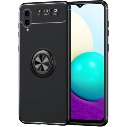 Samsung Galaxy A02 Kılıf Renkli Silikon Yüzüklü Standlı Auto Focus Ravel Kapak - Siyah