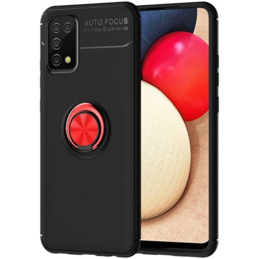 Samsung Galaxy A02s Kılıf Renkli Silikon Yüzüklü Standlı Auto Focus Ravel Kapak - Kırmızı - Siyah