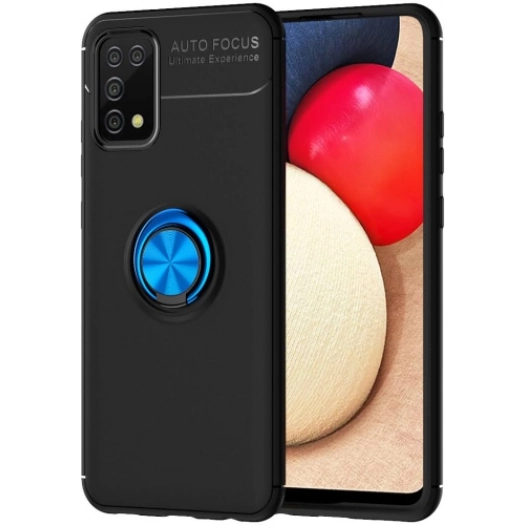 Samsung Galaxy A02s Kılıf Renkli Silikon Yüzüklü Standlı Auto Focus Ravel Kapak - Mavi - Siyah