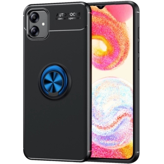Samsung Galaxy A04e Kılıf Renkli Silikon Yüzüklü Standlı Auto Focus Ravel Kapak - Mavi - Siyah