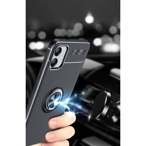 Samsung Galaxy A04e Kılıf Renkli Silikon Yüzüklü Standlı Auto Focus Ravel Kapak - Siyah