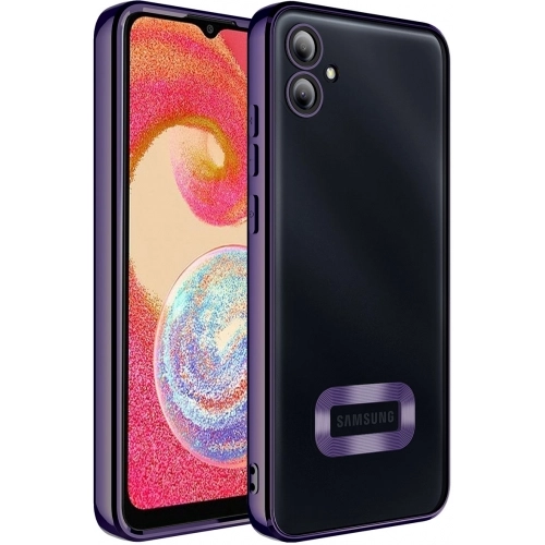 Samsung Galaxy A04e Kılıf Kamera Lens Korumalı Şeffaf Renkli Logo Gösteren Parlak Kapak - Koyu Mor