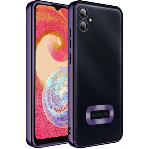 Samsung Galaxy A04e Kılıf Kamera Lens Korumalı Şeffaf Renkli Logo Gösteren Parlak Kapak - Koyu Mor