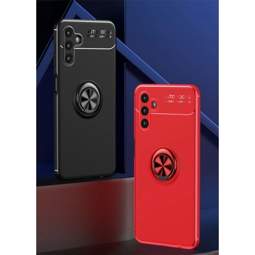 Samsung Galaxy A04s Kılıf Renkli Silikon Yüzüklü Standlı Auto Focus Ravel Kapak - Kırmızı - Siyah