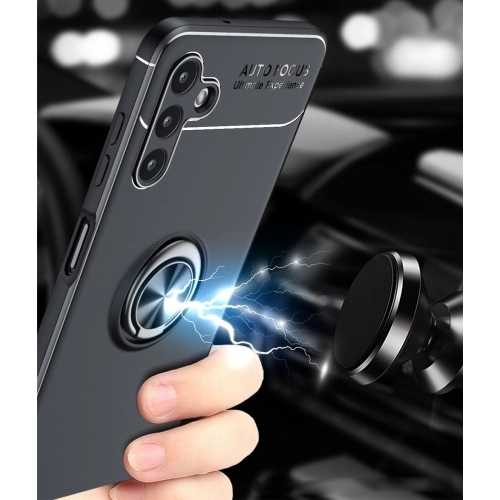 Samsung Galaxy A04s Kılıf Renkli Silikon Yüzüklü Standlı Auto Focus Ravel Kapak - Mavi - Siyah