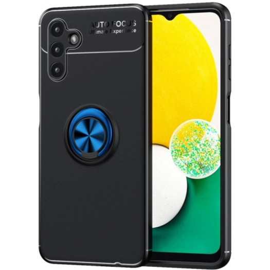 Samsung Galaxy A04s Kılıf Renkli Silikon Yüzüklü Standlı Auto Focus Ravel Kapak - Mavi - Siyah