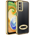 Samsung Galaxy A04s Kılıf Kamera Lens Korumalı Şeffaf Renkli Logo Gösteren Parlak Kapak - Gold