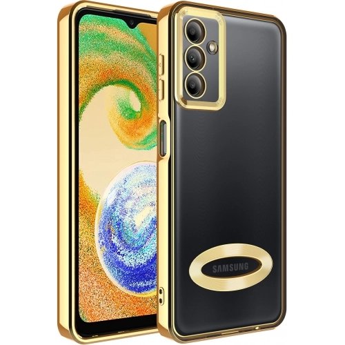 Samsung Galaxy A04s Kılıf Kamera Lens Korumalı Şeffaf Renkli Logo Gösteren Parlak Kapak - Gold