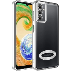 Samsung Galaxy A04s Kılıf Kamera Lens Korumalı Şeffaf Renkli Logo Gösteren Parlak Kapak - Gümüş