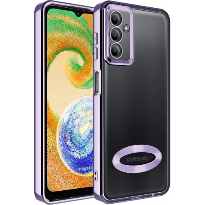 Samsung Galaxy A04s Kılıf Kamera Lens Korumalı Şeffaf Renkli Logo Gösteren Parlak Kapak - Lila