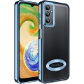 Samsung Galaxy A04s Kılıf Kamera Lens Korumalı Şeffaf Renkli Logo Gösteren Parlak Kapak - Mavi