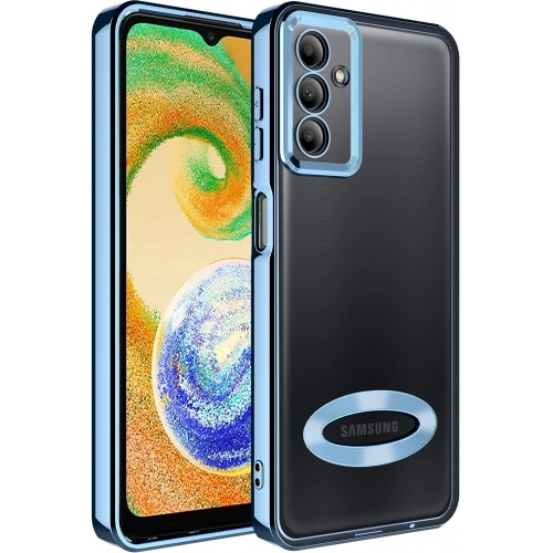Samsung Galaxy A04s Kılıf Kamera Lens Korumalı Şeffaf Renkli Logo Gösteren Parlak Kapak - Mavi