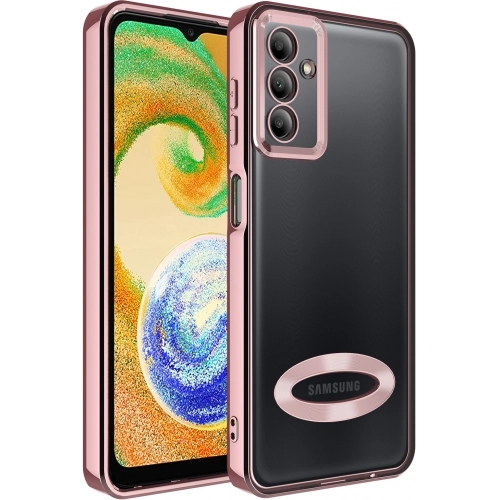 Samsung Galaxy A04s Kılıf Kamera Lens Korumalı Şeffaf Renkli Logo Gösteren Parlak Kapak - Rose Gold