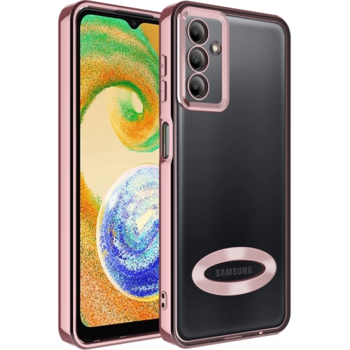 Samsung Galaxy A04s Kılıf Kamera Lens Korumalı Şeffaf Renkli Logo Gösteren Parlak Kapak - Rose Gold