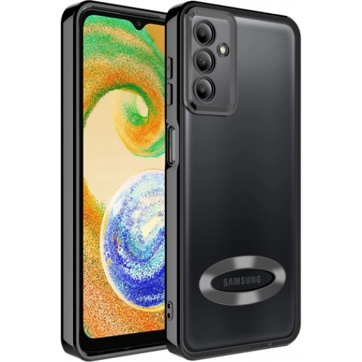 Samsung Galaxy A04s Kılıf Kamera Lens Korumalı Şeffaf Renkli Logo Gösteren Parlak Kapak - Siyah