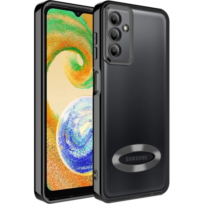 Samsung Galaxy A04s Kılıf Kamera Lens Korumalı Şeffaf Renkli Logo Gösteren Parlak Kapak - Siyah