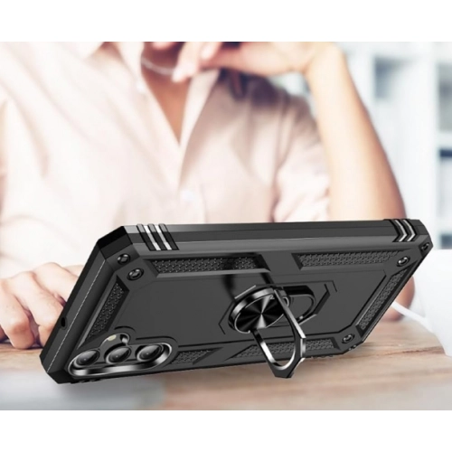 Samsung Galaxy A05s Kılıf Silikon Zırhlı Standlı Yüzüklü Mıknatıslı Tank Kapak - Siyah