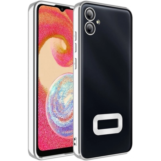 Samsung Galaxy A06 Kılıf Kamera Lens Korumalı Şeffaf Renkli Logo Gösteren Parlak Kapak - Gümüş