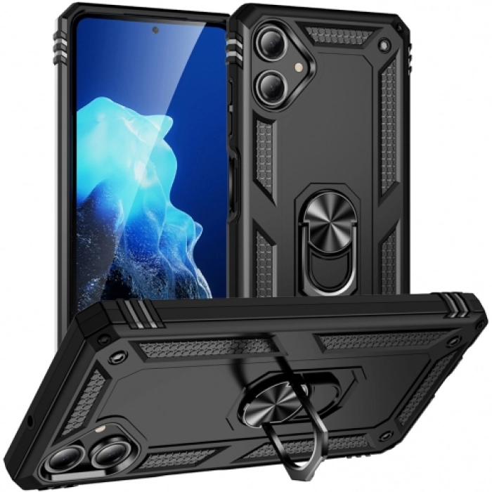 Samsung Galaxy A06 Kılıf Silikon Zırhlı Standlı Yüzüklü Mıknatıslı Tank Kapak - Siyah