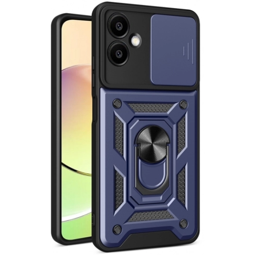 Samsung Galaxy A06 Kılıf Zırhlı Standlı Silikon Sürgülü Kamera Korumalı Tank Kapak - Mavi