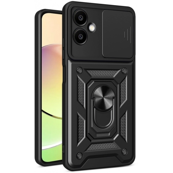 Samsung Galaxy A06 Kılıf Zırhlı Standlı Silikon Sürgülü Kamera Korumalı Tank Kapak - Siyah