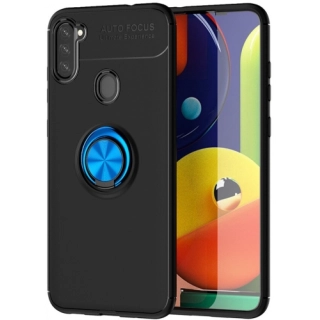 Samsung Galaxy A11 Kılıf Renkli Silikon Yüzüklü Standlı Auto Focus Ravel Kapak - Mavi - Siyah